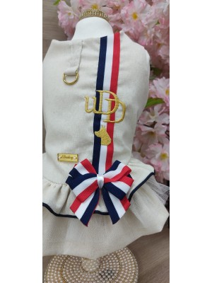 CÓD 1174 - VESTIDO LINHO AZUL/BRANCO/VERMELHO