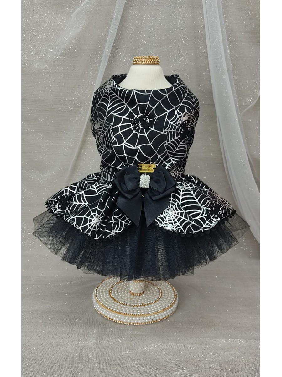CÓD F087 - VESTIDO ARANHA/PRETO E PRATA