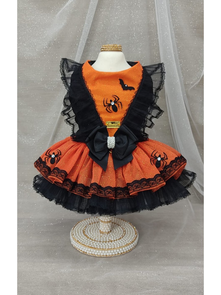 CÓD F091 - VESTIDO BRUXINHA/PRETO E LARANJA