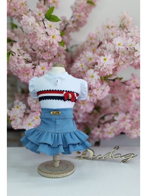 CÓD 0965 - MINI SAIA JEANS DELAVÊ/BLUSA BRANCA