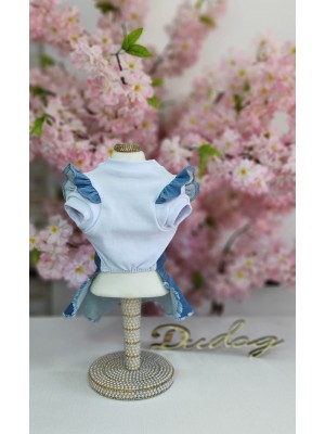 CÓD 0967 - MINI SAIA JEANS/BRANCA DELAVE BOLSO LAÇO 