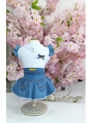 CÓD 0967 - MINI SAIA JEANS/BRANCA DELAVE BOLSO LAÇO 