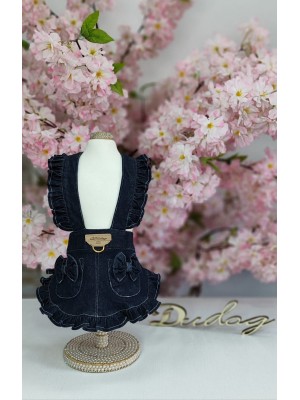 CÓD 0971 - JARDINEIRA JEANS BABADOS/LAÇOS