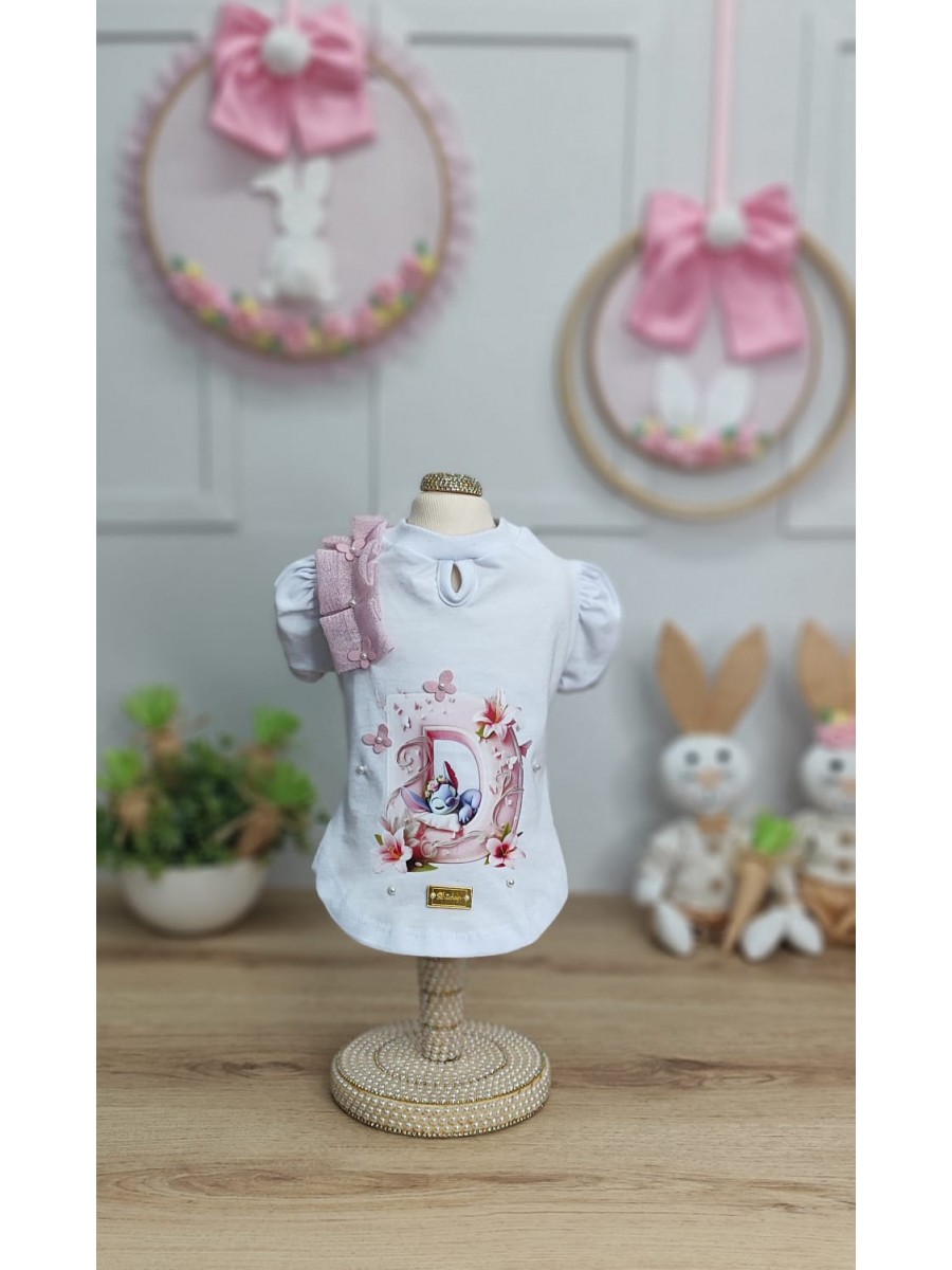 CÓD F060 - BABY LOOK STITCH BRANCA/ROSA