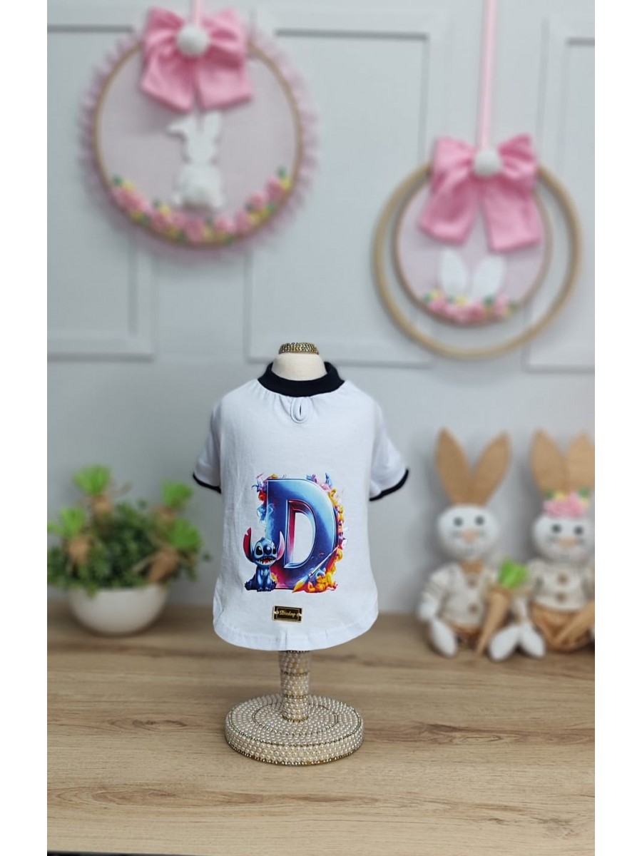 CÓD F066 - T-SHIRT STITCH BRANCA/MARINHO