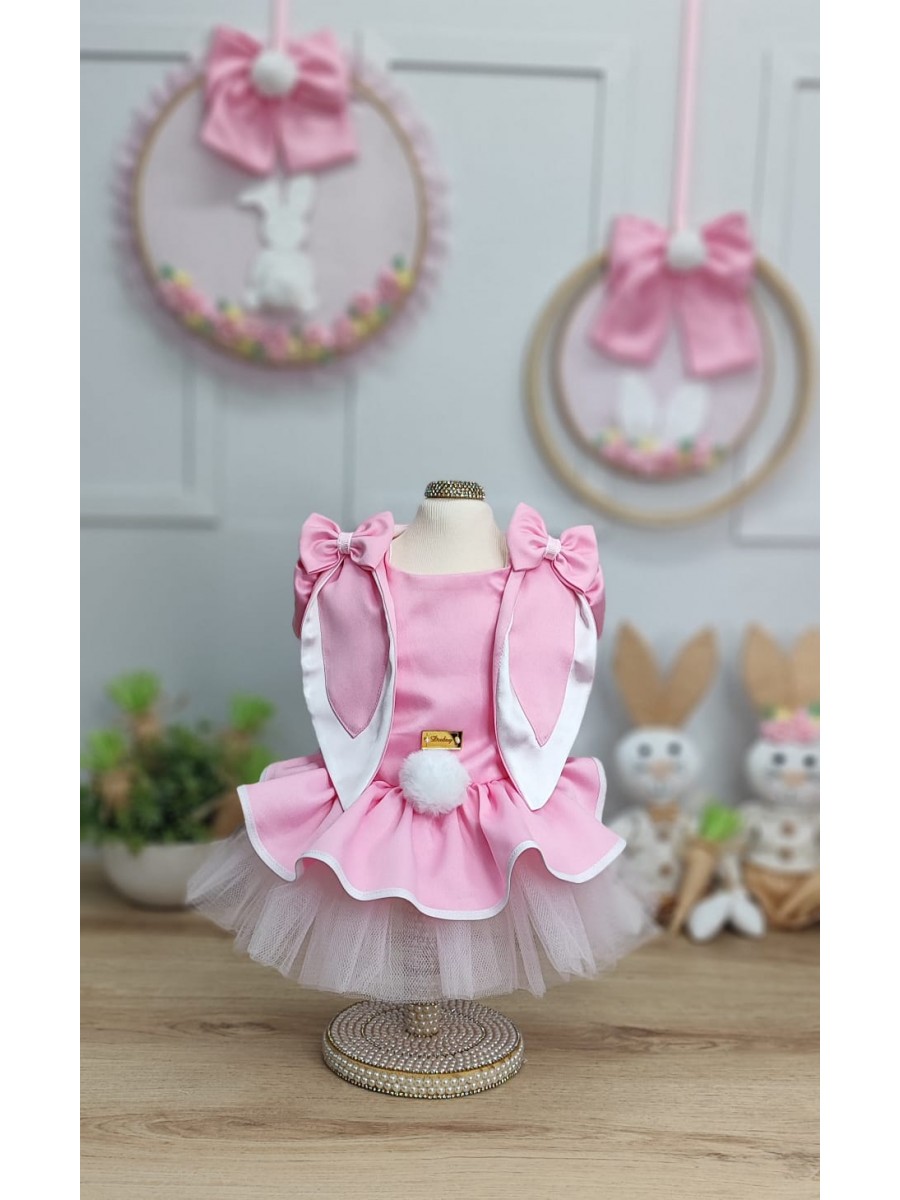 CÓD F075 - VESTIDO PÁSCOA ORELHUDO ROSA