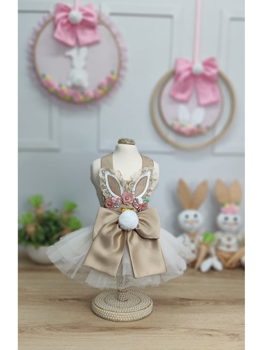 CÓD F077 - VESTIDO PÁSCOA ORELHUDO VINTAGE CAMEL