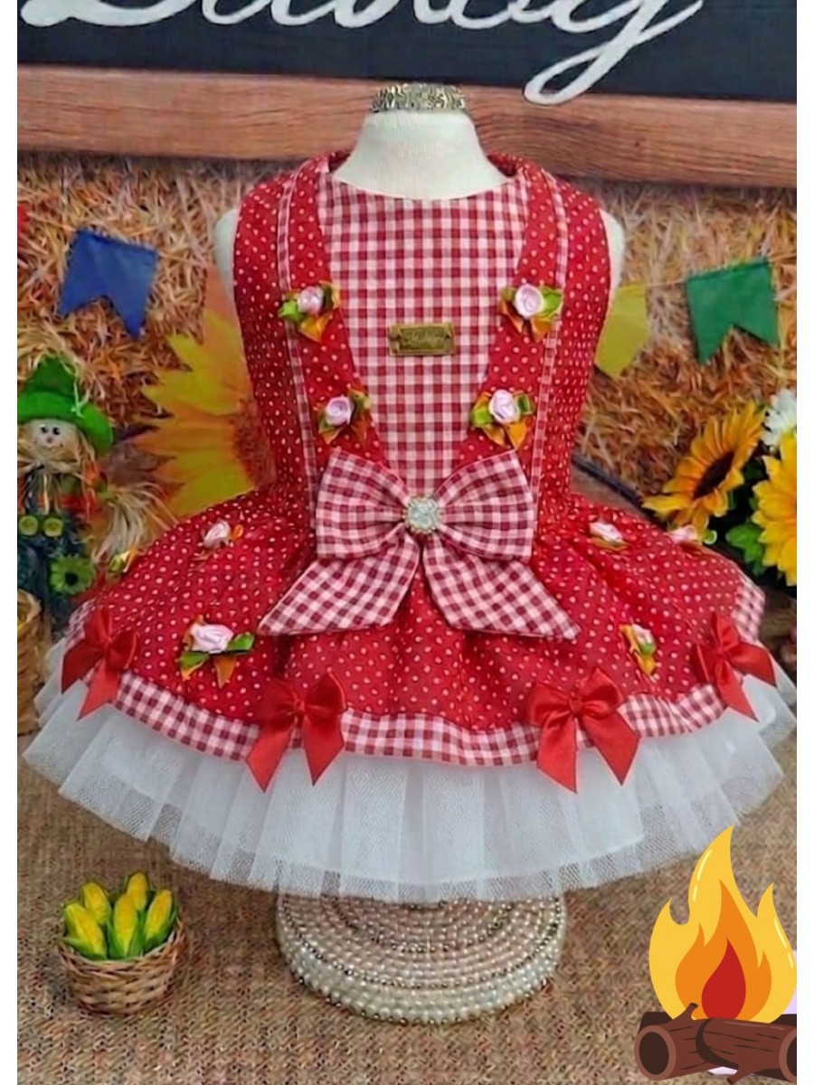 CÓD J029 - VESTIDO XADREZ POÁ VERMELHO