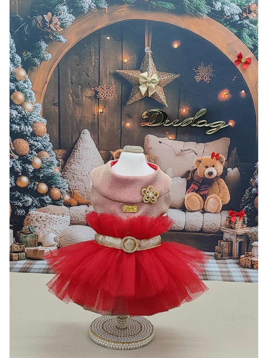 CÓD N147 - VESTIDO LOVELY DOURADO/VERMELHO