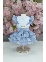 CÓD 0999 - VESTIDO LISTRA AZUL/BABADOS.