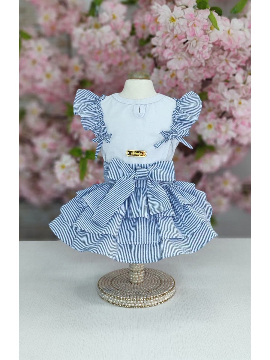 CÓD 0999 - VESTIDO LISTRA AZUL/BABADOS.