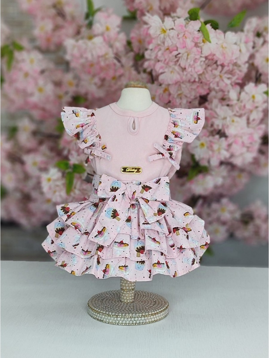 CÓD 1000 - VESTIDO MILK ROSA/BABADOS.