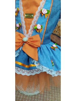 CÓD J017 - VESTIDO FAZENDEIRA AZUL/LARANJA