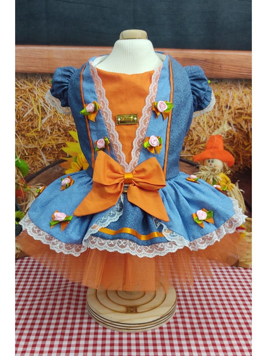 CÓD J017 - VESTIDO FAZENDEIRA AZUL/LARANJA