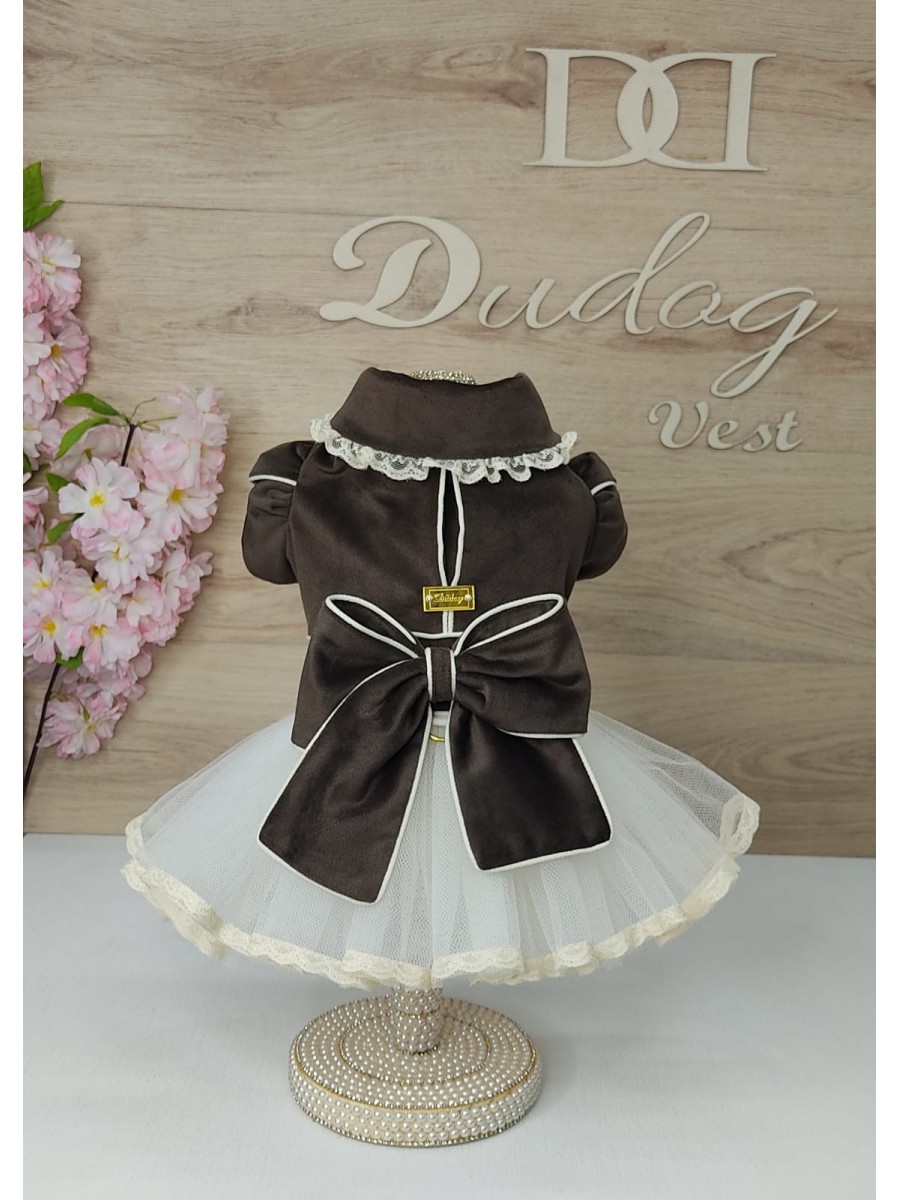 CÓD 1022 - VESTIDO VELUDO MARROM/MANGA TULIPA