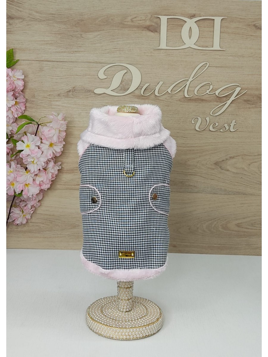 CÓD 1030 - CASACO PIED DE POULE/PELÚCIA ROSA GOLA REGULÁVEL