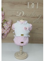 CÓD 1048 - BABY LOOK ROSA  FLORES C/ COLETE PELÚCIA BRANCO