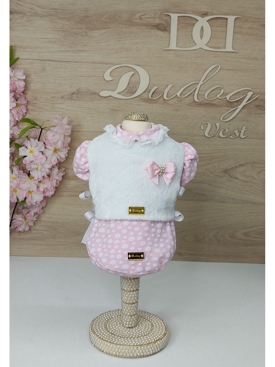 CÓD 1048 - BABY LOOK ROSA  FLORES C/ COLETE PELÚCIA BRANCO