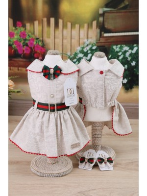 CÓD 0590 - VESTIDO LINHO/VERDE E VERMELHO