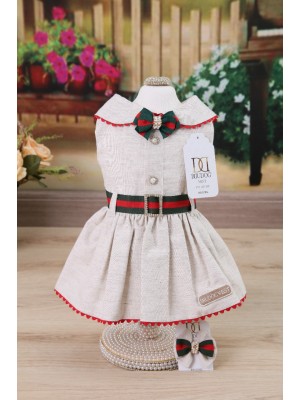 CÓD 0590 - VESTIDO LINHO/VERDE E VERMELHO